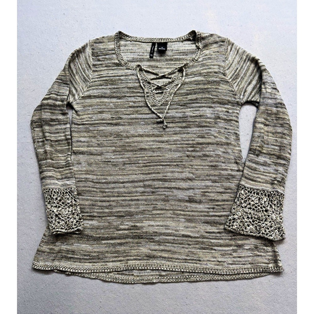 New Directions Boho Space Dye Knit Lace Up Sweater Size M Crochet Bell Sleeve